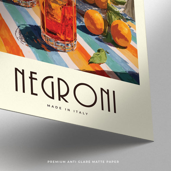 Close-up of Negroni glass in Italian Drink Posters with orange garnish and vibrant colors.