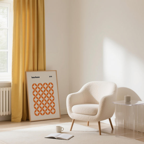 Orange minimalist print with clean repeating shapes for a structured look.