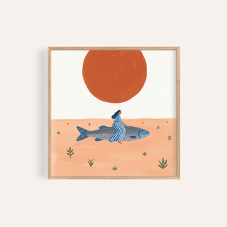 Minimal illustration poster of a woman riding a giant fish under a sun