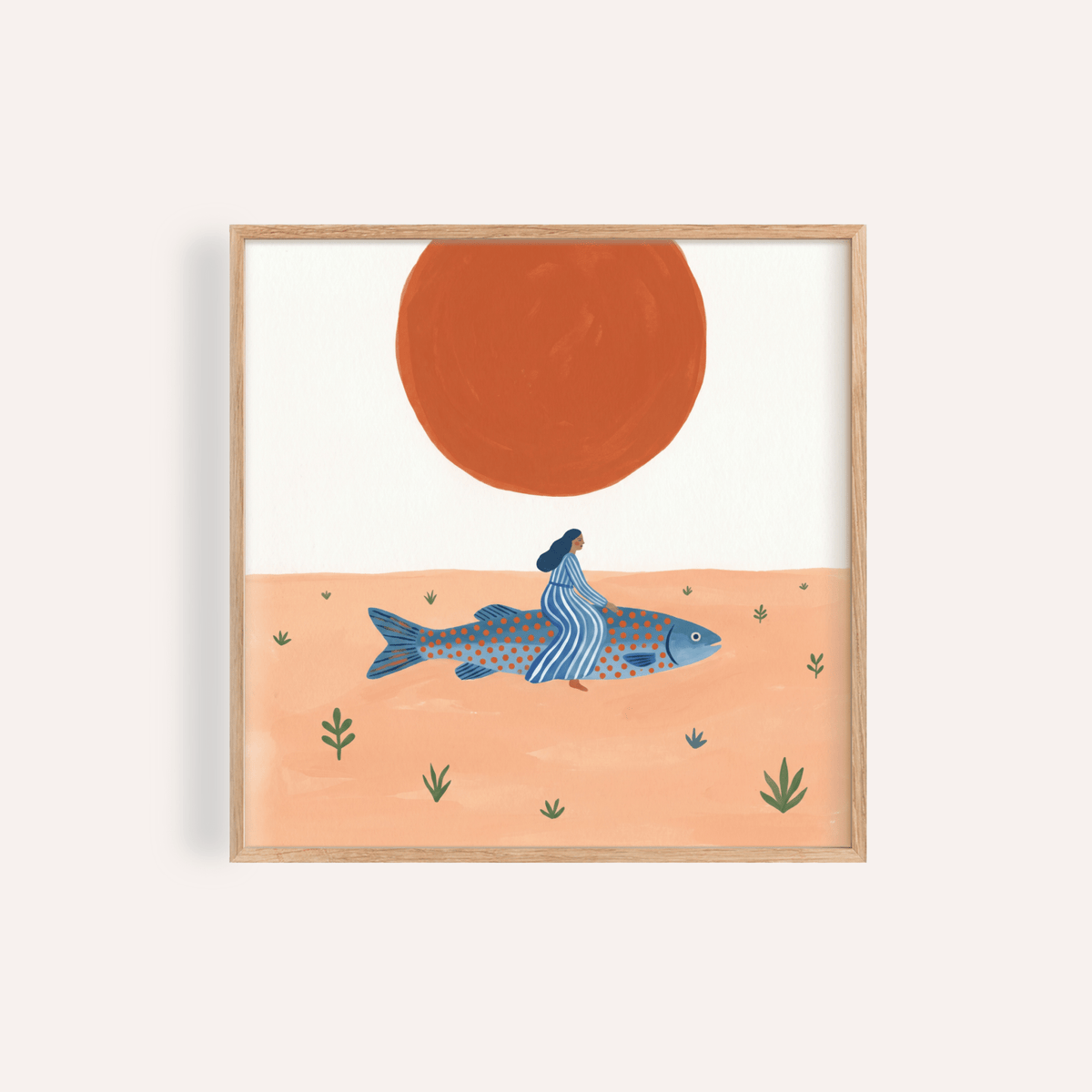 Minimal illustration poster of a woman riding a giant fish under a sun