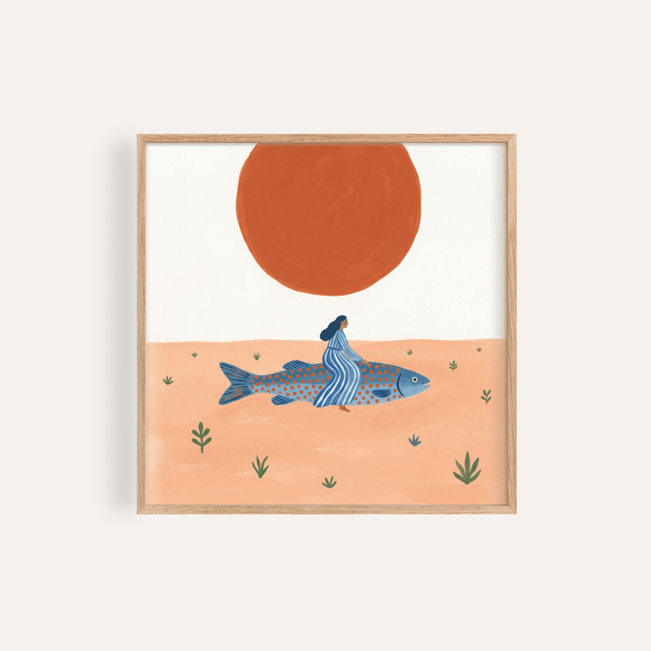 Minimal illustration poster of a woman riding a giant fish under a sun