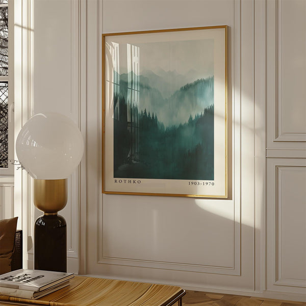 Deep forest green tones in this painterly mountain wall art print.