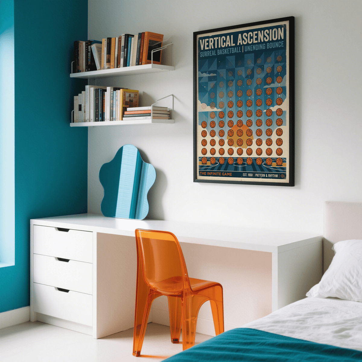 Lower section of basketball poster print with court markings and a row of ball icons