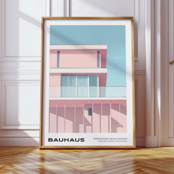 Mid century art art print of pink Bauhaus building under a blue sky.