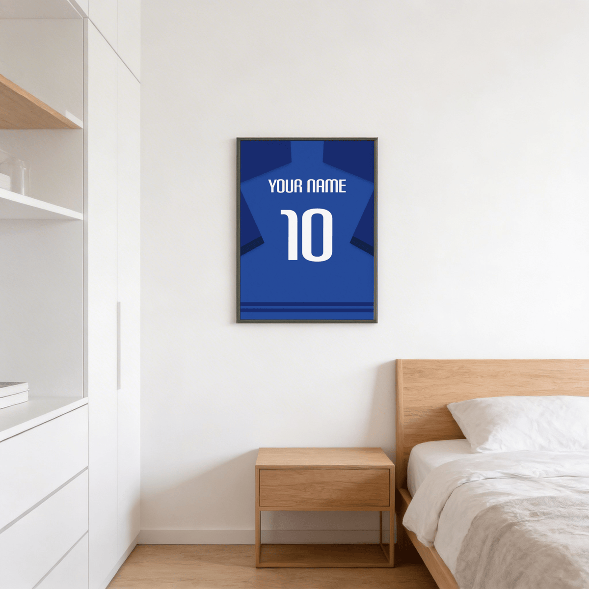 Minimal football shirt print with jersey silhouette, YOUR NAME text, and large 10 on back