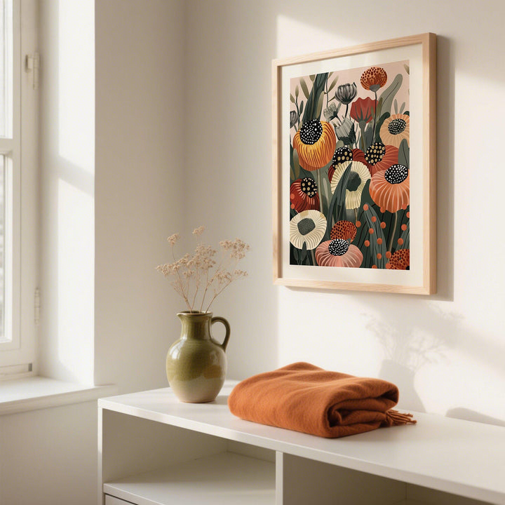 Burnt Orange wall art of abstract flowers in orange and cream above a white shelf with a green vase and orange cloth