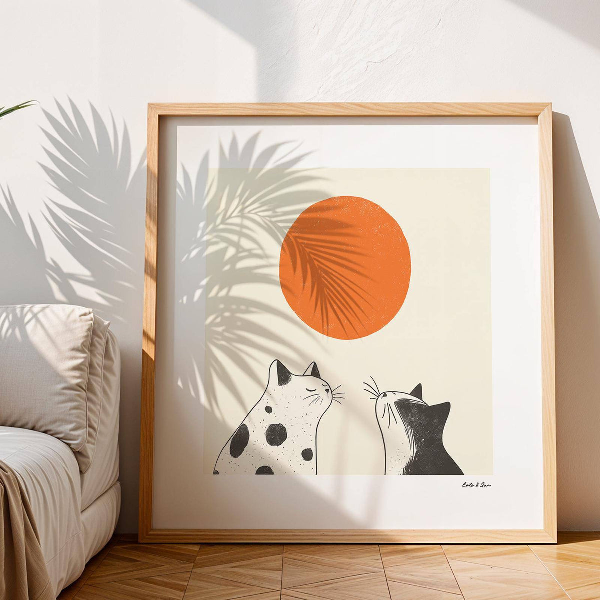 Japanese-inspired orange cat art ideal for modern living rooms
