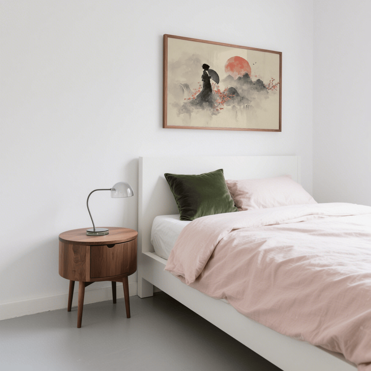 Oriental Wall Art Poster featuring Red sun and Beige background for bedroom decor