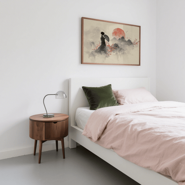 Oriental Wall Art Poster featuring Red sun and Beige background for bedroom decor