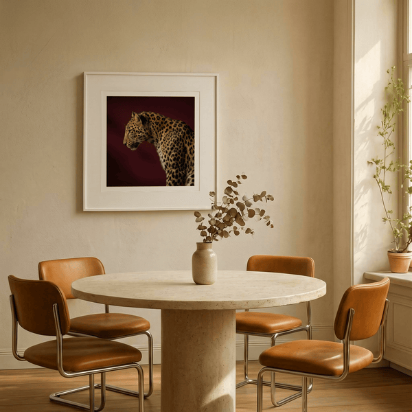 Animal portrait poster depicting left-facing leopard with detailed spotted coat