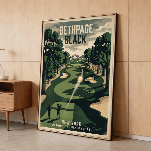 Retro golf course illustration showing distant clubhouse and curved fairway