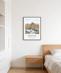 Vintage-inspired Prague city print poster with bridge, skyline, and calm water