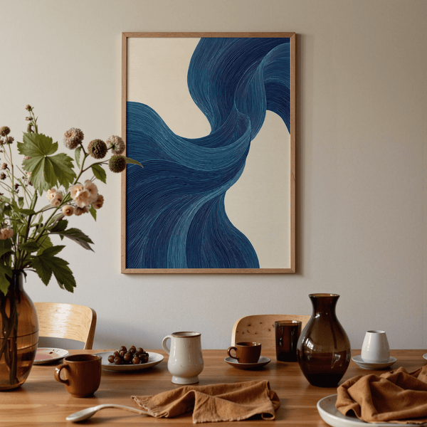 Blue Flowing Wall Art poster for dining room, using blue and beige modern design