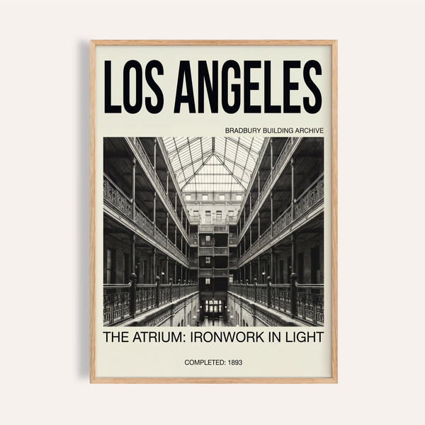 Los Angeles Architecture Art Print poster showing Bradbury Building atrium with ironwork railings and skylight