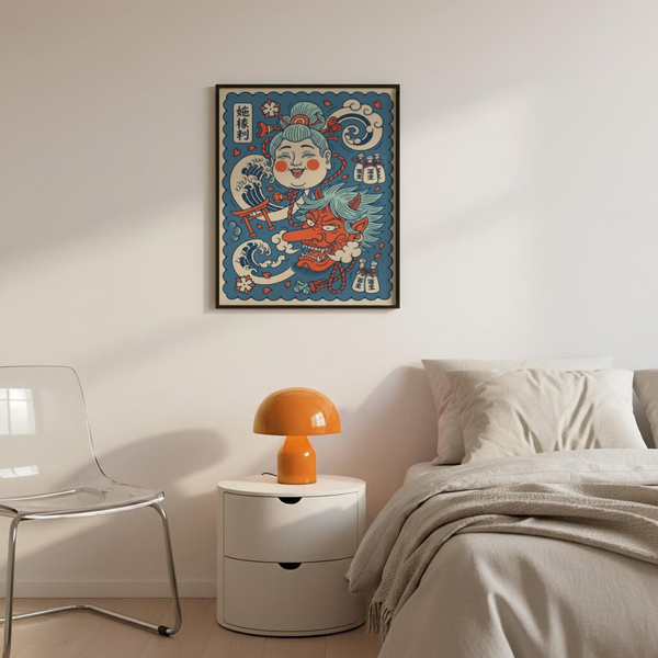 Kitsune and dragon artwork framed by stylized cloud curls