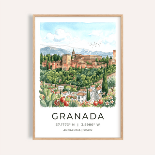 Overview of Granada Spain Art Print travel poster with palace, mountains, and garden plants