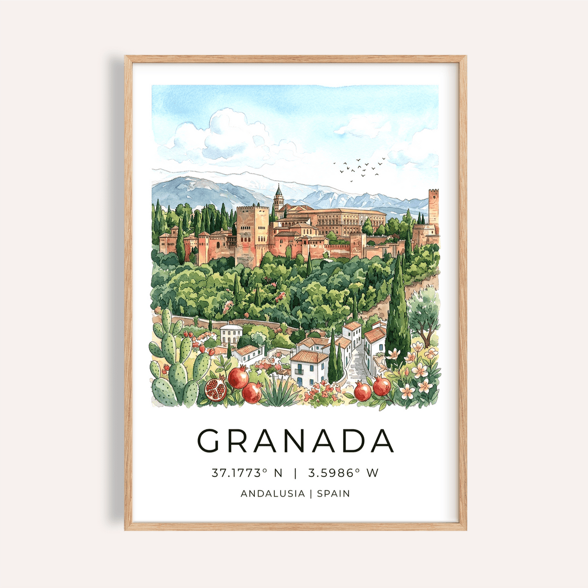 Overview of Granada Spain Art Print travel poster with palace, mountains, and garden plants
