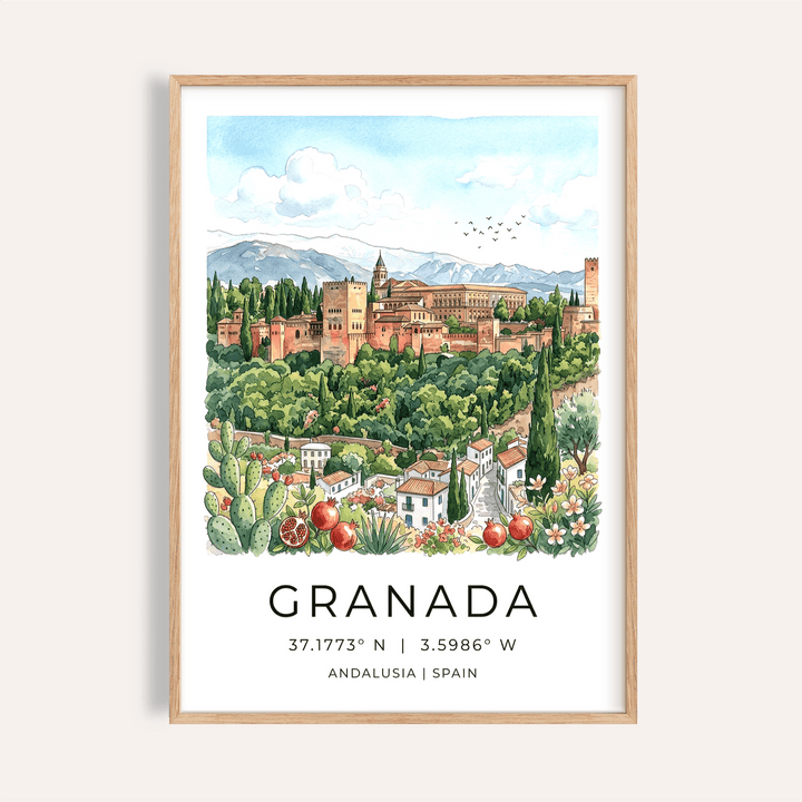 Overview of Granada Spain Art Print travel poster with palace, mountains, and garden plants