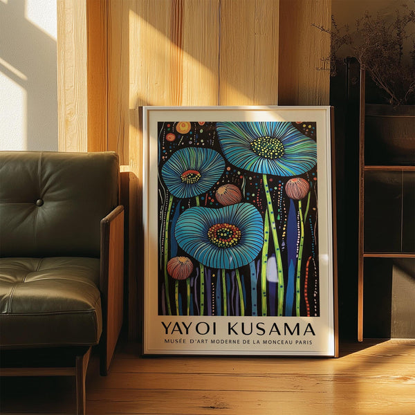 Wall Art Floral on black with blue petals and yellow-centered blooms.