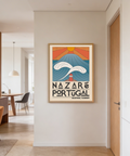 Nazare Portugal Art Print with bold wave shape, sun at top, and stacked lettering