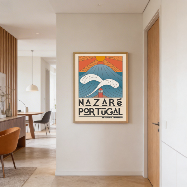 Nazare Portugal Art Print with bold wave shape, sun at top, and stacked lettering