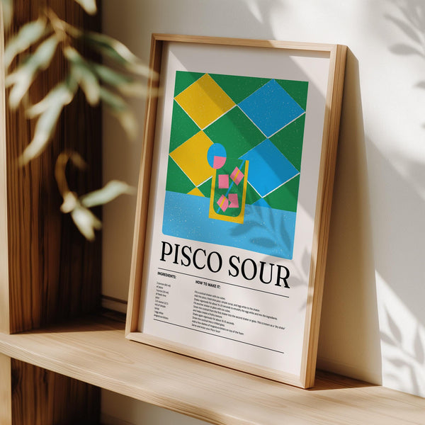 Vibrant colorful posters design showing a Pisco Sour with pink ice cubes.