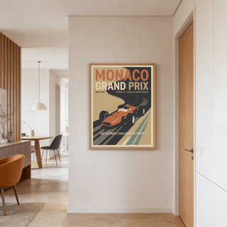 Mid-century motorsport poster design spotlighting a red open-wheel car