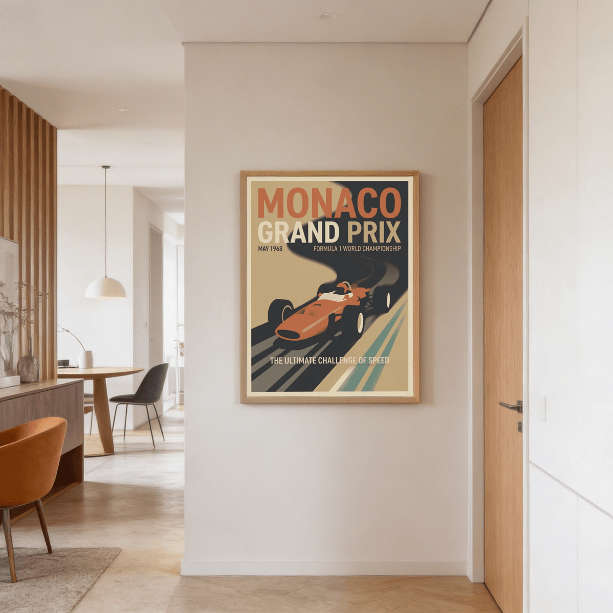 Mid-century motorsport poster design spotlighting a red open-wheel car