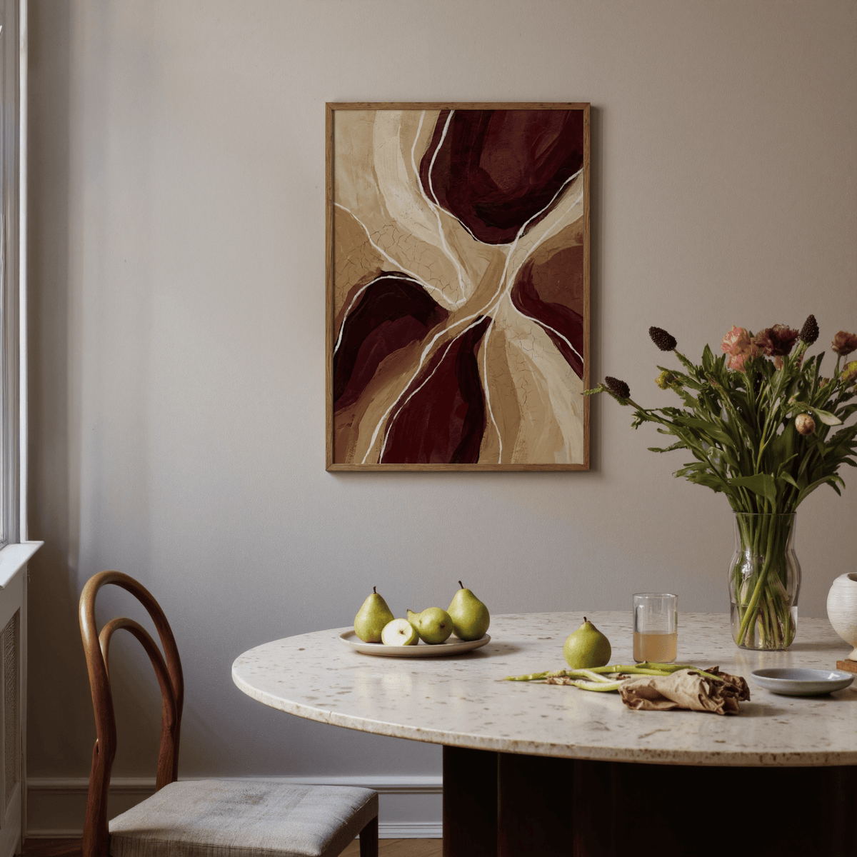 Organic Abstract Art Print with Red highlights for entryway decor