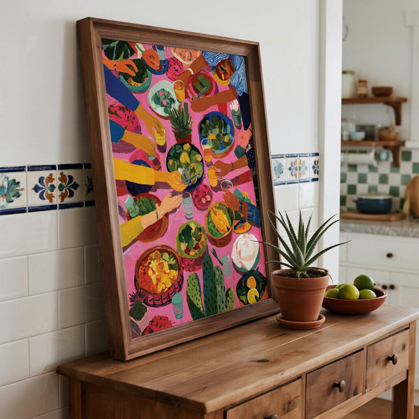 Fiesta dining room print with bold pink background and Mexican food details