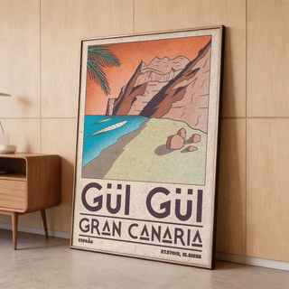 Gran Canaria Beach Art Print framed mockup featuring layered mountains and turquoise sea