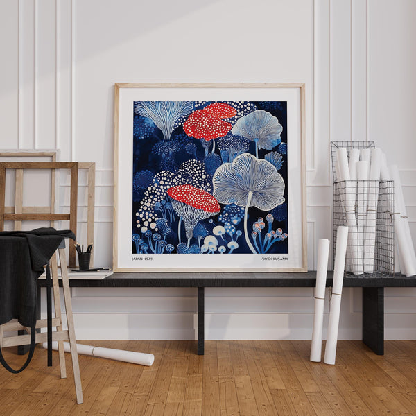 Blue and white mushroom poster inspired by Yayoi Kusama&#39;s dotted pattern work.