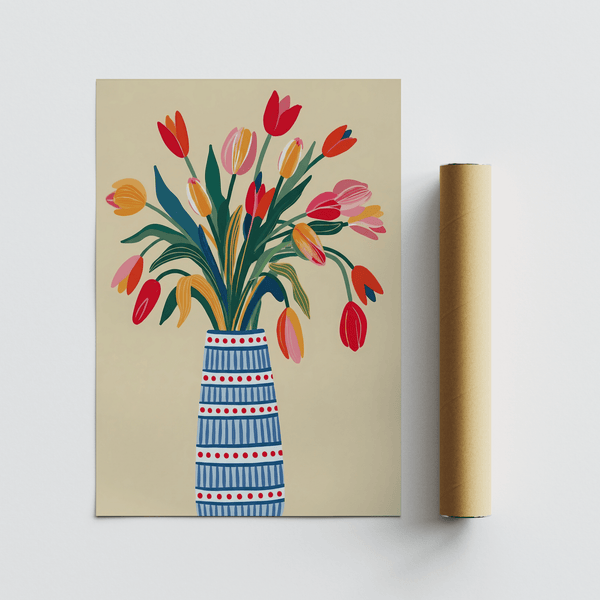 Floral Vase Art using Blue, Pink, Red, Beige, Green for entryway poster