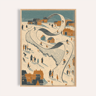 Snow Scene wall art showing skiers on a curling ski slope in muted blue and orange tones