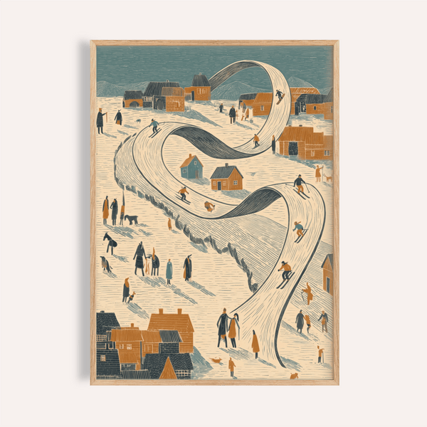 Snow Scene Wall Art with blue, orange, and beige for living room print