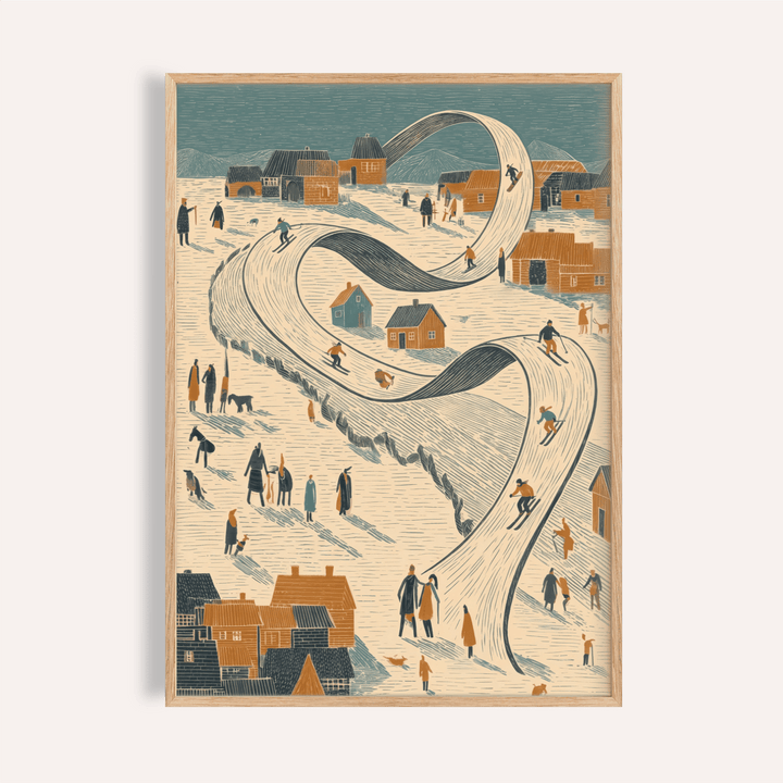 Snow Scene Wall Art with blue, orange, and beige for living room print