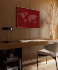 Red World Map Wall Poster with beige continents for hallway décor
