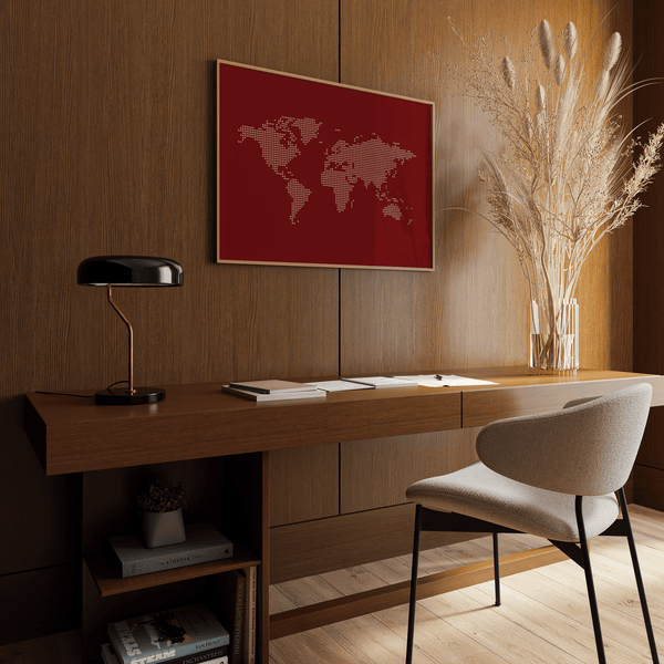 Red World Map Wall Poster with beige continents for hallway décor