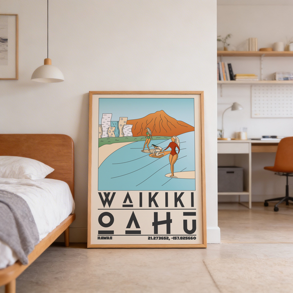 Waikiki beach illustration of three surfers against orange sunlit water