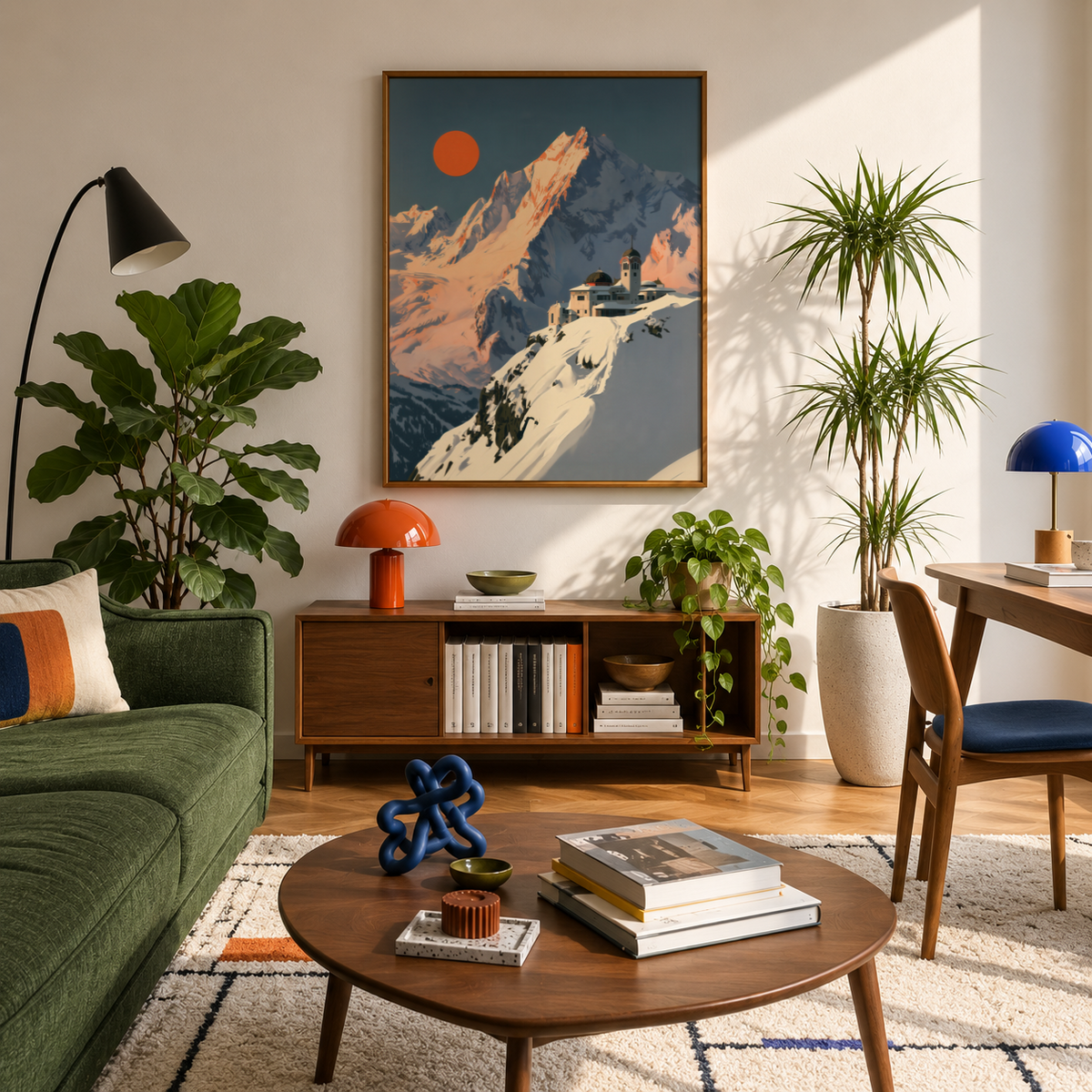 Presenting angular mountain forms and a ridge-top structure, alpine travel-style wall art print