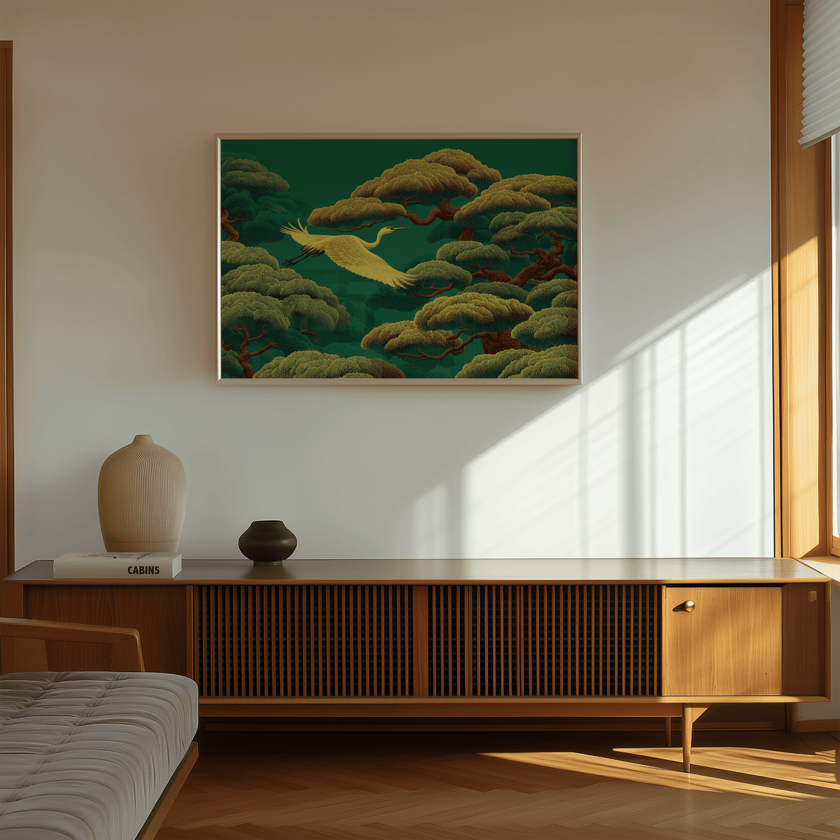 White Crane Artwork, hallway accent, green and white tones