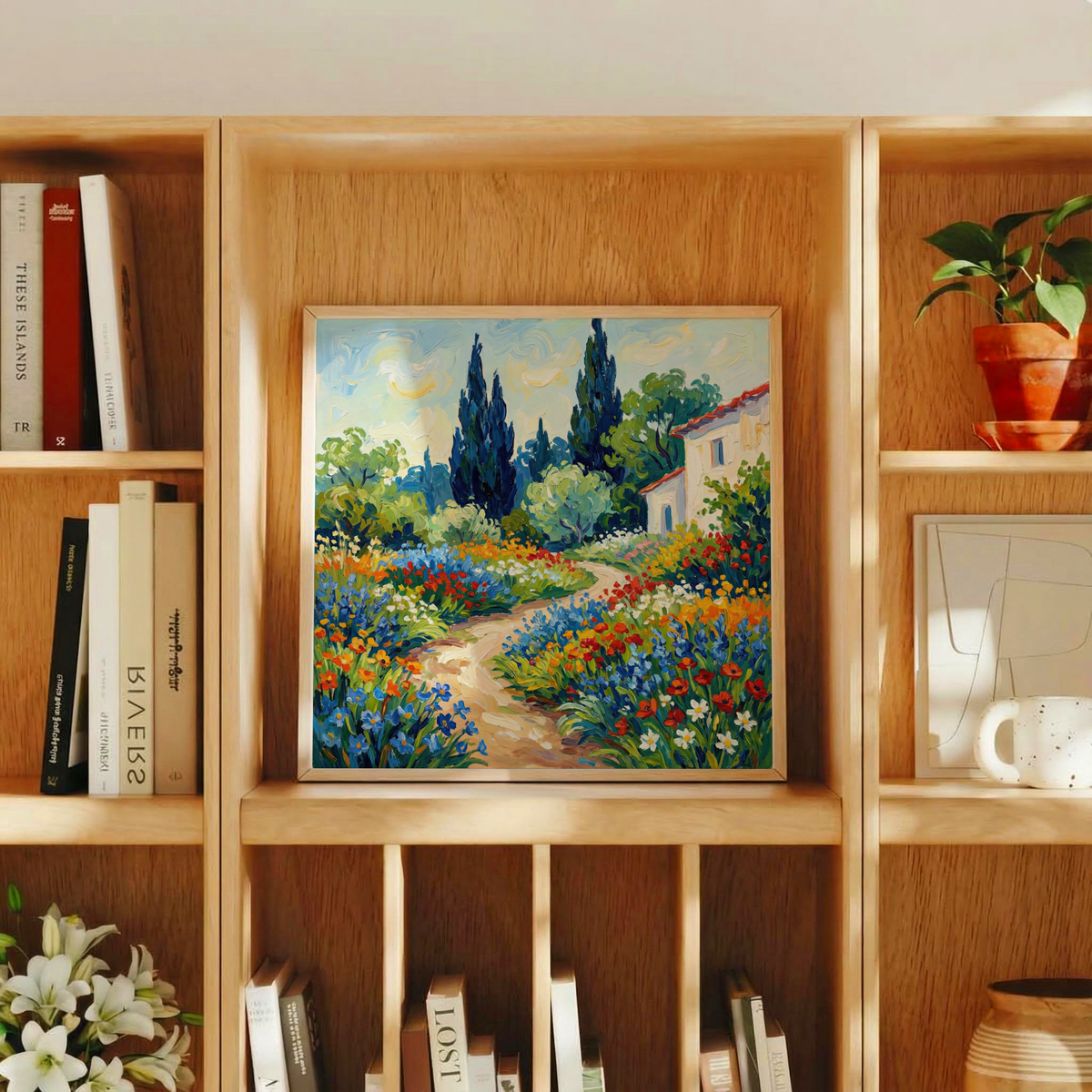 Vibrant Flower Art Print uses orange and yellow for entryway poster