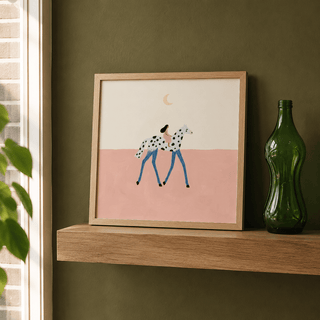 Fantasy Horse Art Print with a crescent moon above a spotted horse and rider
