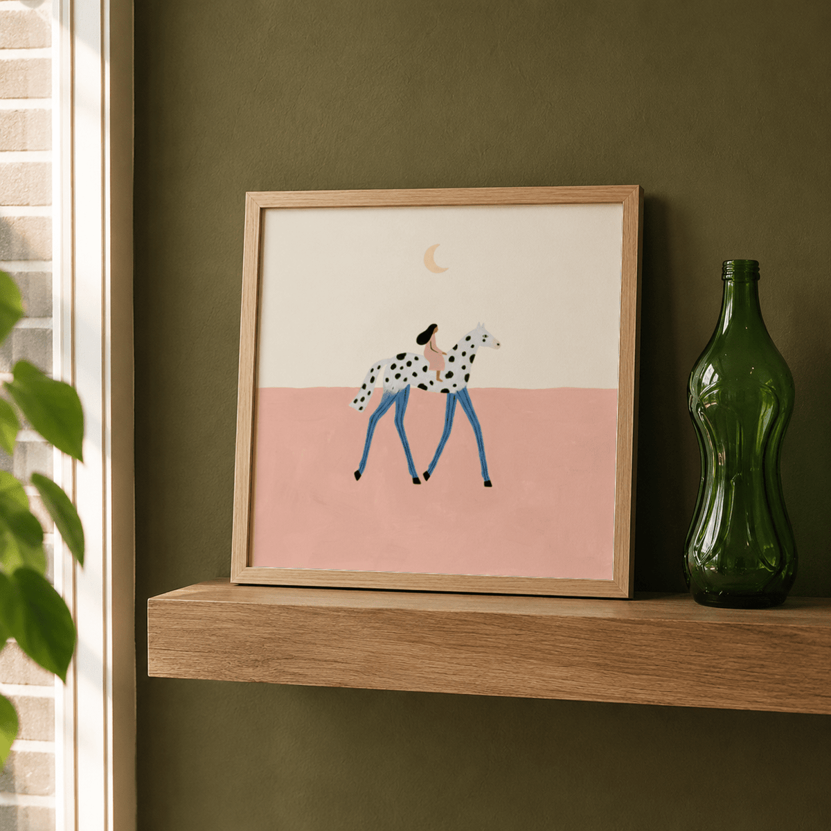 Fantasy Horse Art Print with a crescent moon above a spotted horse and rider