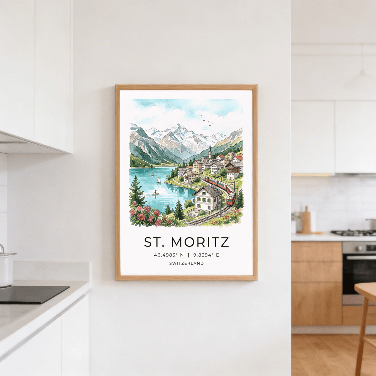 Vintage-style Swiss Landscape Art Print with St. Moritz title, coordinates, and village scene