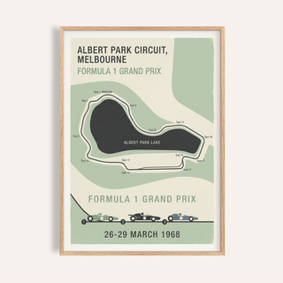Melbourne Grand Prix Art poster showing Albert Park Circuit map and corner labels