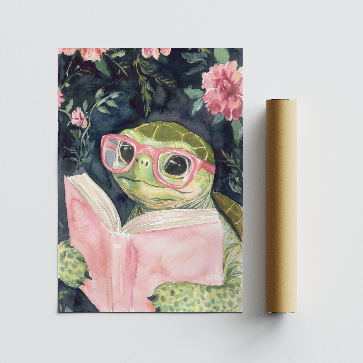 Kids room poster showing a turtle character reading an open book beneath botanical elements