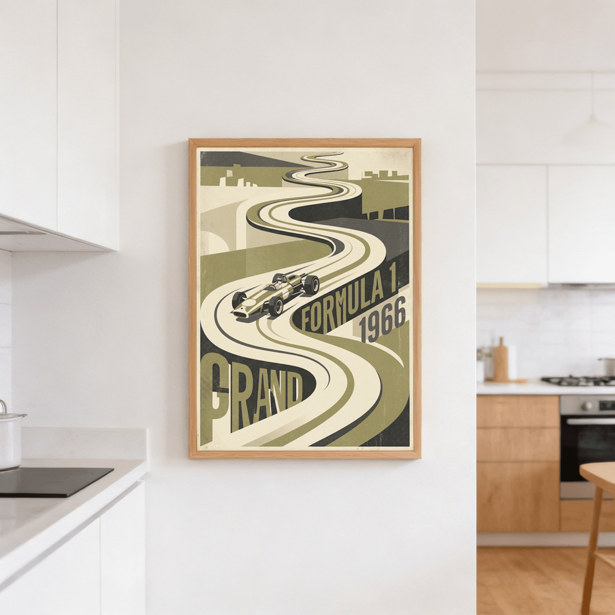 Period-inspired racing poster print with simplified grandstand blocks, skyline silhouette, and track curves
