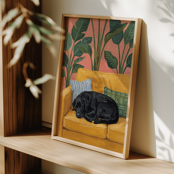 Relaxing Black Lab Wall Art in living room, Yellow, Black, Green tones for entryway, art print