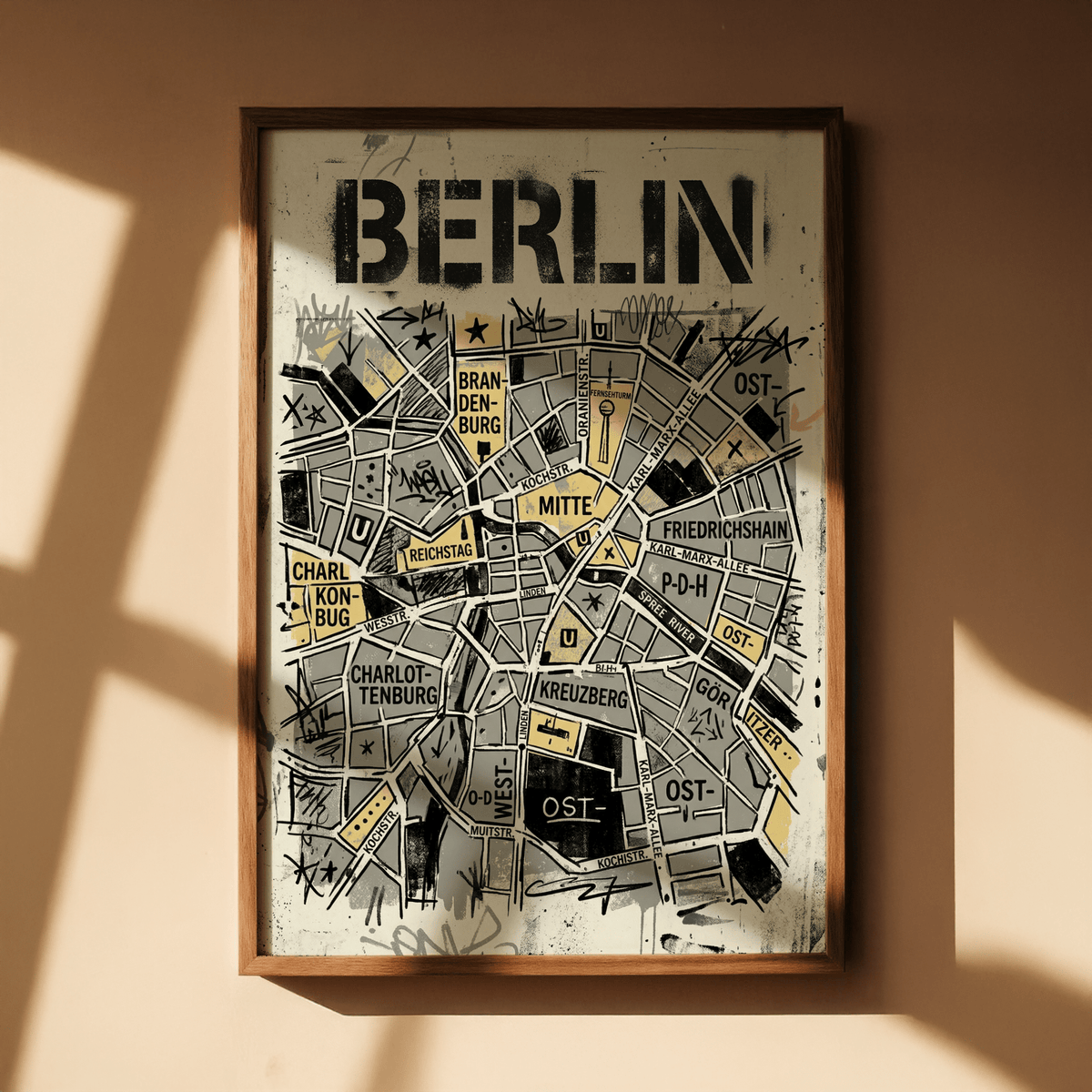 Typographic Berlin map print showing Charlottenburg and Friedrichshain areas